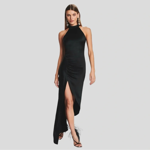 RETROFETE Sab Black Satin Maxi Dress Dark Romance Front Slit Glam Event, Size XL - Picture 1 of 16